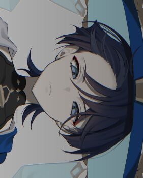 Rule 34 | 1boy, asymmetrical bangs, bangs pinned back, black bodysuit, black hair, blue cape, blue eyes, blue hat, blunt ends, bodysuit, cape, closed mouth, expressionless, eyelashes, eyeliner, genshin impact, gold, hashtag-only commentary, hat, highres, japanese clothes, jingasa, kimono, looking at viewer, makeup, male focus, mandarin collar, red eyeliner, scaramouche (genshin impact), shoulder peek, sideways, solo, takura 0103, tsurime, twitter username, wanderer (genshin impact), white kimono