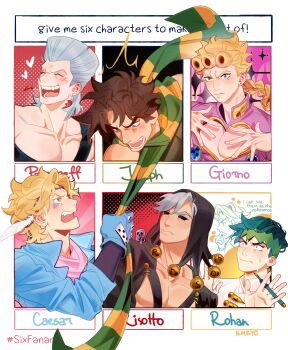 6+boys absurdres battle_tendency black_sclera blonde_hair blue_eyes blue_gloves bombyoon brown_hair caesar_anthonio_zeppeli character_name colored_sclera diamond_wa_kudakenai facial_mark feather_hair_ornament feathers flattop giorno_giovanna gloves green_eyes green_hair grey_hair hair_ornament headband highres jean_pierre_polnareff jojo_no_kimyou_na_bouken joseph_joestar joseph_joestar_(young) kishibe_rohan kishibe_rohan_wa_ugokanai ladybug_ornament long_hair looking_at_another male_focus multiple_boys multiple_drawing_challenge pectorals pompadour red_eyes risotto_nero scarf short_hair six_fanarts_challenge stardust_crusaders striped_clothes striped_scarf tall_hair vento_aureo vertical-striped_clothes vertical-striped_scarf winged_hair_ornament