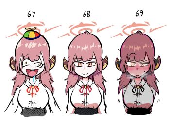 1girl 67_(meme) 69_(meme) :d aru_(blue_archive) blue_archive blush closed_mouth commentary english_commentary halo highres horns looking_at_viewer meme multiple_views neck_ribbon open_mouth parted_lips paulnoob propeller_hat red_hair red_ribbon ribbon simple_background smile uneven_eyes white_background yellow_eyes