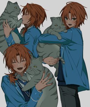 1boy animal black_pants blazer blue_jacket blue_necktie blue_sweater cat closed_eyes collared_shirt cowboy_shot curtained_hair ensemble_stars! facing_viewer fang felwfocdwjo green_eyes grey_cat hair_over_shoulder happy holding holding_animal holding_cat jacket long_sleeves looking_at_viewer male_focus medium_hair multiple_views necktie open_mouth orange_hair pants ponytail school_uniform shirt short_ponytail simple_background smile sweater tabby_cat tsukinaga_leo upper_body white_background white_shirt yumenosaki_school_uniform