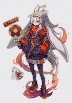 1girl animal_ears ball black_pantyhose black_shoes character_name commentary creature_and_personification fire floppy_ears gen_8_pokemon gloves grey_background grey_gloves grey_hair hair_between_eyes hand_in_pocket highres jacket kantarou_(8kan) long_hair long_sleeves nintendo oversized_ear pantyhose personification platform_shoes pokemon rabbit_ears rabbit_girl rabbit_tail raboot red_eyes shoes simple_background soccer_ball solo standing symbol-only_commentary tail two-sided_gloves very_long_hair yellow_gloves