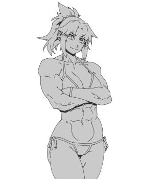 1girl abs bare_shoulders biceps bikini braid breasts cleavage commentary crossed_arms english_commentary fate/grand_order fate_(series) greyscale long_hair looking_at_viewer medium_breasts minew monochrome mordred_(fate) muscular muscular_female navel parted_bangs ponytail sidelocks smile solo swimsuit thighs