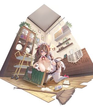 1girl absurdres animal_ears animal_print apron bell bikini black_dress blue_eyes blush bottle braid breasts broom brown_hair cafe cleavage cow_ears cow_girl cow_horns cow_print cow_print_bikini cow_tail cowbell detached_collar dress ear_tag from_below full_body heart high_heels highres horns huge_breasts indoors kneeling long_hair looking_at_viewer maid maid_apron maid_headdress milk milk_bottle original pink_shoes plant potted_plant print_bikini puffy_short_sleeves puffy_sleeves seoki_(hi3031) shoes short_sleeves solo spill swimsuit tail thighhighs white_apron white_bikini white_thighhighs wooden_floor wrist_cuffs