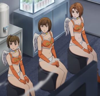 3girls angel_wings anime_screenshot ass bikini breasts collar crop_top elbow_gloves gloves highres kurihara_kyoko makeup medium_breasts mf_ghost multiple_girls panties race_queen saionji_ren sawamura_marie solo stitched swimsuit third-party_edit underwear white_panties wings