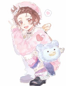 1girl :d absurdres animal_bag beret black_shoes blue_bag blue_skirt braid braided_bangs brown_eyes brown_hair child full_body hat heart highres jacket leg_warmers linlinzi195 long_sleeves looking_at_viewer medalist_(manga) open_mouth pantyhose pink_hat pink_jacket shoes short_hair simple_background skirt smile solo spoken_heart squatting striped_leg_warmers v white_background white_pantyhose yuitsuka_inori