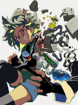 1boy android black_shirt broken cable cyborg damaged fingerless_gloves gloves green_eyes grey_hair highres jar long_sleeves looking_to_the_side mechanical_arms mechabare mechanical_spine original sailor_collar shirt shorts simple_background solo thighhighs vanilla_(vanillaklein) vanillaklein