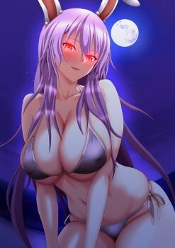 1girl bare_shoulders bikini breasts collarbone cowboy_shot full_moon glowing glowing_eyes highres large_breasts long_hair miyabi_hakuro moon night purple_bikini purple_hair red_eyes reisen_udongein_inaba side-tie_bikini_bottom solo swimsuit touhou