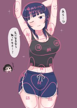 2girls ;d armpits arms_up asaka_karin black_hair black_tank_top blue_eyes blue_hair blue_shorts blunt_bangs blush breasts chibi chibi_inset closed_mouth commentary_request cowboy_shot dolphin_shorts drawstring gradient_hair green_hair highres large_breasts looking_at_viewer love_live! love_live!_nijigasaki_high_school_idol_club medium_hair meme midriff multicolored_hair multiple_girls nakazumi_kohada navel one_eye_closed open_mouth parted_lips purple_background short_shorts shorts smile takasaki_yu tank_top touch_map_(meme) twintails