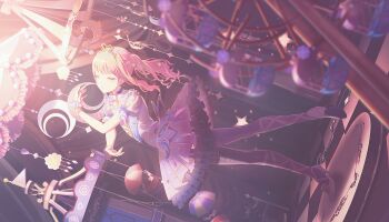 1other akiyama_mizuki ballet choker closed_eyes colorful_palette crescent detached_sleeves diamond_(shape) dress drill_hair drill_ponytail drill_sidelocks ferris_wheel flower footwear_flower frilled_dress frills game_cg gem gold_tiara hair_flower hair_ornament heart-shaped_gem high_heels high_side_ponytail highres hug layered_dress light_blush oenothera_(flower) official_alternate_costume official_art other_focus pantyhose parted_lips pearl_(gemstone) pink_gem pink_theme project_sekai puffy_detached_sleeves puffy_sleeves purple_choker purple_dress purple_gem purple_pantyhose samenai_gensou_wo_nokku_shite_(project_sekai) shoes short_dress sidelocks solo sparkle star_(symbol) third-party_source tiara white_shoes wrist_cuffs