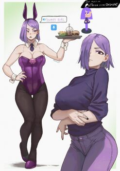 1girl absurdres alternate_costume alternate_hairstyle animal_ears animification arms_under_breasts asymmetrical_hair black_eyes black_nails black_pantyhose black_shirt blush breasts burger cleavage closed_mouth commentary crossed_arms cup dashi_(dashiart) denim detached_collar drinking_straw duolingo english_commentary eyeshadow fake_animal_ears food french_fries frown full_body gradient_background green_background hair_over_one_eye hand_on_own_hip highres holding holding_tray jeans large_breasts leotard lily_(duolingo) looking_at_viewer looking_to_the_side makeup nail_polish necktie open_mouth paid_reward_available pants pantyhose patreon_username playboy_bunny purple_eyeshadow purple_hair purple_leotard purple_necktie purple_pants purple_shoes rabbit_ears shirt shirt_tucked_in shoes short_hair short_necktie signature simple_background speech_bubble standing swept_bangs thigh_gap tray turtleneck turtleneck_shirt white_background white_wrist_cuffs wrist_cuffs