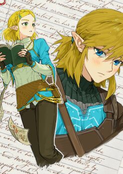 1boy 1girl aqua_shirt aqua_tunic armor black_pants black_sweater blue_eyes book braid closed_mouth commentary_request cropped_legs cropped_torso crown_braid falling_paper fingerless_gloves gloves gold_trim green_eyes hair_between_eyes hair_ornament hair_tie hairclip highres holding holding_book korean_commentary layered_sleeves leather_armor light_blush link medium_hair nintendo pants parted_bangs parted_lips ponytail princess_zelda ribbed_sweater shirt short_hair sidelocks sweater the_legend_of_zelda the_legend_of_zelda:_tears_of_the_kingdom tikoto_2023 tunic turtleneck turtleneck_sweater upper_body