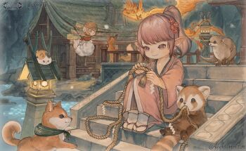 1girl architecture artist_name bird building dog earrings east_asian_architecture fat_cat_(ff14) final_fantasy final_fantasy_xiv flower flower_earrings hair_flower hair_ornament highres holding holding_rope japanese_clothes jewelry kimono lalafell monkey neofeli official_alternate_costume otter phoenix pink_eyes pink_hair pink_kimono pointy_ears ponytail red_panda rope sample_watermark sandals scenery shide short_hair sitting sitting_on_stairs smile socks stairs tassel tataru_taru water watermark white_socks wide_shot