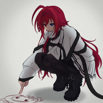 Rule 34 | 1girl, ??? (assault lily), ahoge, ankle boots, assault lily, belt, belt buckle, between legs, black belt, black boots, black pantyhose, blue eyes, boots, buckle, chest harness, commentary request, digamma, drawing (object), full body, gradient background, grey background, hand between legs, harness, heterochromia, highres, huge ahoge, ichinomiya michaela himari, long hair, long sleeves, looking at object, looking down, miniskirt, pantyhose, parted lips, pleated skirt, red eyes, red hair, shirt, shoe belt, skirt, sleeves past wrists, solo, squatting, striped clothes, striped skirt, tiptoes, turtleneck, turtleneck shirt, very long hair, white shirt, white skirt