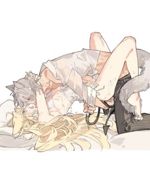 2boys animal_ears antonio_salieri_(fate) blonde_hair blush cum cum_on_body demon_tail face-to-face fate/grand_order fate_(series) green_eyes grey_hair implied_sex kemonomimi_mode lingerie long_hair long_sleeves male_focus medium_hair multiple_boys nipples open_mouth pants penis profile red_eyes shirt short_hair starshadowmagician tail testicles tongue tongue_out underwear wolf_boy wolf_ears wolf_tail wolfgang_amadeus_mozart_(fate) yaoi