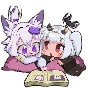 2girls animal_ear_fluff animal_ears blunt_bangs blush blush_stickers book bow cat_ears cat_girl cat_tail chibi chibi_only demon_girl demon_horns demon_tail eyelashes fang filian_(vtuber) hair_ornament highres horns indie_virtual_youtuber long_sleeves lucy_pyre lying mint_(vrchat) motion_lines multiple_girls ocsnacker on_stomach open_book open_mouth outline purple_bow purple_eyes reading red_eyes smile tail tail_bow tail_ornament tail_wagging transparent_background twintails twitch_logo virtual_youtuber white_hair