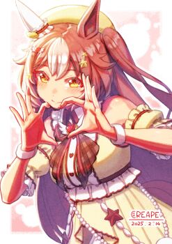1girl animal_ears bare_shoulders blush breasts brown_eyes brown_hair brown_streaks closed_mouth commentary_request creape detached_sleeves dress ear_covers four-finger_heart_hands hair_between_eyes hair_ornament hat heart heart_hands heart_ornament highres horse_ears horse_girl long_hair looking_at_viewer medium_breasts multicolored_hair official_alternate_costume official_alternate_hairstyle puffy_detached_sleeves puffy_sleeves single_ear_cover smile solo star_(symbol) star_hair_ornament tail umamusume white_hair yamanin_zephyr_(sugary_wind)_(umamusume) yamanin_zephyr_(umamusume) yellow_dress