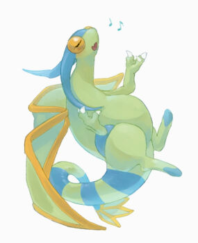 Rule 34 | alternate color, animal focus, bad id, bad pixiv id, blush, butter (oshi8kyoumoh), claws, closed eyes, fang, flygon, full body, gen 3 pokemon, hands up, happy, light blush, music, musical note, nintendo, no humans, open mouth, pokemon, pokemon (creature), shiny pokemon, simple background, singing, skin fang, smile, solo, u u, white background