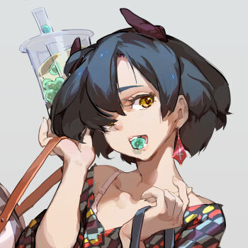 1girl bare_shoulders black_hair bubble_tea collarbone commentary_request cup fake_horns food_in_mouth halloween holding holding_cup horns looking_at_viewer original short_hair simple_background smile solo tennohi upper_body yellow_eyes