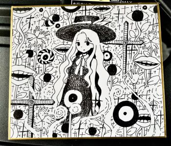 1girl alternate_costume bee black_hat bow bowtie bug collared_dress commentary cross disembodied_eye disembodied_mouth dress frilled_hat frills greyscale haruka_yoppa hat highres insect jacket_girl_(dipp) long_hair monochrome open_mouth parted_lips plant sleeveless sleeveless_dress solo tagme touhou very_long_hair