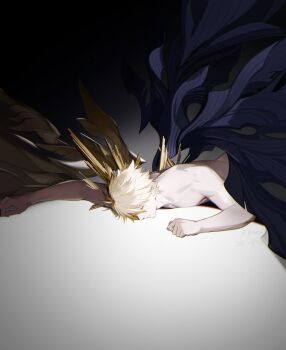 1boy arms_up blonde_hair closed_eyes collarbone highres honkai:_star_rail honkai_(series) lying male_focus material_growth nineo nude on_stomach pectorals phainon_(honkai:_star_rail) phainon_(khaslana)_(honkai:_star_rail) short_hair solo