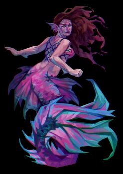 1girl absurdres arm_fins black_background blue_eyes brown_hair commentary commission curled_tail english_commentary facial_mark fins floating_hair from_behind full_body head_fins highres long_hair looking_at_viewer looking_back mermaid monster_girl nude original painterly pink_lips simple_background solo starfish_bikini twulfs