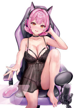 1girl :d adjusting_clothes adjusting_headwear animal_ear_headphones animal_ears babydoll barefoot black_choker blush bob_cut bra breasts cat_ear_headphones cat_ears chair choker cleavage computer_mouse dress fake_animal_ears feet_on_chair gaming_chair hair_intakes hair_ornament hairclip headphones highres invisible_table knee_up lace lace-trimmed_bra lace_panties lace_trim medium_breasts microphone mousepad_(object) nako_mei navel ninki_haishinsha-tachi_no_manager_ni_nattara_zenin_motokano_datta nose_blush novel_illustration official_art on_chair open_mouth orange_eyes outstretched_arm outstretched_hand panties pink_hair pink_nails raised_inner_eyebrows sakamuke see-through_clothes see-through_dress simple_background sitting sleeveless sleeveless_dress smile solo spaghetti_strap swivel_chair third-party_source underwear variant_set white_background
