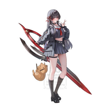 1girl absurdres arm_cutout black_choker black_hair black_jacket black_shirt black_shoes black_skirt black_socks breasts bubble99 chisa_(wuthering_waves) choker clothing_cutout commentary_request food food_in_mouth full_body hair_ribbon hand_up highres holding holding_sword holding_weapon jacket korean_commentary long_hair long_sleeves looking_at_viewer medium_breasts midriff namipon_(wuthering_waves) navel neckerchief pocky pocky_in_mouth red_eyes red_neckerchief red_ribbon ribbon sailor_collar shirt shoes simple_background skirt socks solo sword thigh_strap thighs v watermark weapon white_background white_sailor_collar wuthering_waves