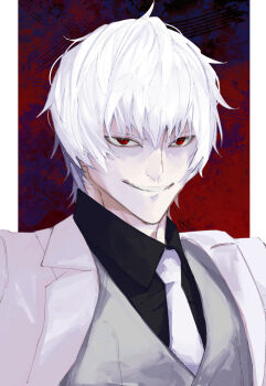1boy commentary_request fate/strange_fake fate_(series) highres jacket jester_karture male_focus necktie open_mouth red_background red_eyes shirt short_hair smile solo tei4_en9 upper_body white_hair