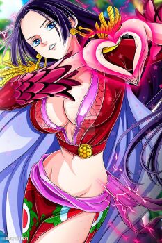 1girl aladdin_(ala21ddin21) attack black_hair blue_eyes boa_hancock breasts cape cleavage commentary cowboy_shot earrings english_commentary epaulettes heart highres jewelry kuja_pirates_jolly_roger large_breasts long_hair long_sleeves looking_at_viewer midriff navel one_piece red_shirt sash shirt sidelocks snake_earrings solo white_cape