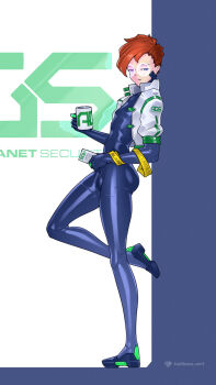 1boy blue_bodysuit blue_eyes bodysuit bulge commission highres holographic_monitor leaning male_focus orange_hair original round_eyewear short_hair solo standing standing_on_one_leg tailbox trap