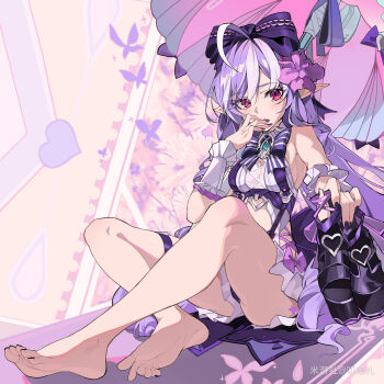 1girl absurdres ahoge animal_print bare_shoulders barefoot black_nails blue_gemstone blush bow bowtie butterfly_print clothing_cutout commentary_request covering_own_mouth drill_hair flower frilled_one-piece_swimsuit frilled_wrist_cuffs frills full_body gem hair_bow hair_flower hair_ornament heart heart_cutout highres holding holding_unworn_clothes jizaier long_hair looking_at_viewer mole mole_under_eye multicolored_umbrella nail_polish official_alternate_costume one-piece_swimsuit pink_background pink_umbrella pointy_ears purple_bow purple_bowtie purple_carpet purple_flower purple_hair purple_nails red_eyes see-through_clothes shoes sideboob_cutout sitting solo stomach_cutout swimsuit toenail_polish toenails two-tone_one-piece_swimsuit umbrella unworn_shoes vivian_banshee vivian_banshee_(iris_of_the_shore) white_one-piece_swimsuit wrist_cuffs zenless_zone_zero