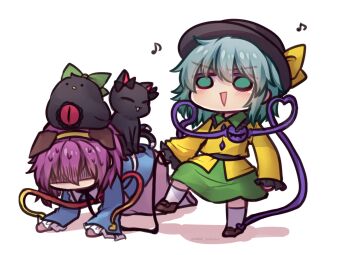 Rule 34 | 2girls, animal ears, black hat, blue shirt, blush, brown shoes, cat ears, cat tail, commentary request, dog ears, fake animal ears, green eyes, green hair, green skirt, hair between eyes, hair ornament, hairband, hat, hat ribbon, heart, heart hair ornament, heart of string, highres, kaenbyou rin, kaenbyou rin (cat), kneeling, komeiji koishi, komeiji satori, leash, long sleeves, lying, multiple girls, musical note, nervous sweating, on back, one-hour drawing challenge, open mouth, pink hair, pink skirt, reiuji utsuho, reiuji utsuho (bird), ribbon, shirt, shoes, short hair, siblings, simple background, sisters, skirt, socks, standing, string, sweat, tail, third eye, touhou, triangle mouth, unime seaflower, white background, white socks, yellow ribbon