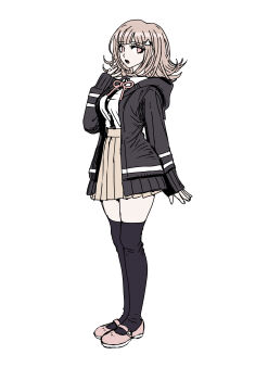 Rule 34 | 1girl, absurdres, breasts, brown hair, brown skirt, collared shirt, commentary request, danganronpa (series), danganronpa 2: goodbye despair, flipped hair, full body, hair ornament, hand up, highres, hood, jacket, long sleeves, looking at viewer, medium hair, nanami chiaki, neck ribbon, open clothes, open jacket, pink eyes, pink ribbon, pleated skirt, ribbon, shirt, skirt, solo, standing, thighhighs, two-tone shirt, uranagi (uranaginasi), white shirt, zettai ryouiki