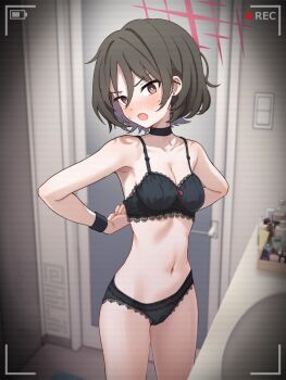 1girl battery_indicator black_bra black_choker black_hair black_panties blue_archive blush bra breasts caught choker commentary_request halo looking_at_viewer misaki_(blue_archive) navel paid_reward_available panties recording scanlines short_hair solo special_cat underwear undressing variant_set viewfinder voyeur_pov voyeurism