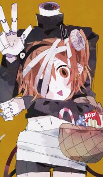 1girl a.i._voice adachi_rei android bandaged_hand bandages basket black_shirt black_shorts cable candy candy_cane disembodied_head food hair_ribbon hairband hand_up highres hinoki_(yesfish1117) joints long_sleeves missing_eye navel object_through_head one_side_up open_mouth orange_hair ribbon robot_joints screw_in_head shirt shorts smile solo standing stitches triangle_mouth turtleneck utau w