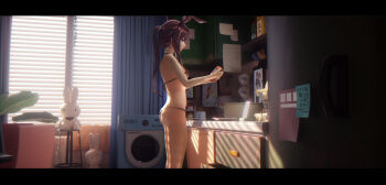 1girl 3d amiya_(arknights) animal_ears arknights ass bad_id bad_pixiv_id bare_arms bare_shoulders basket bikini black_bikini blue_eyes breasts brown_hair cabinet closed_mouth cup curtains day drawer feet_out_of_frame female_focus from_side highres holding holding_jar indoors jar kitchen letterboxed long_hair painting_(object) paper plate ponytail pot rabbit_ears refrigerator sidelocks small_breasts smile solo standing stool stuffed_animal stuffed_rabbit stuffed_toy sunlight swimsuit underboob washing_machine window