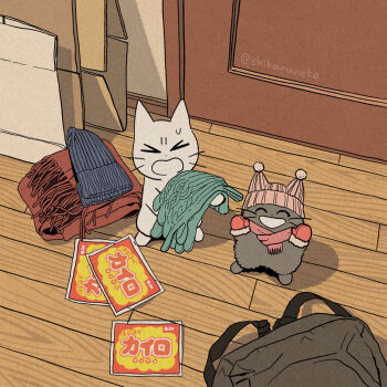 >_< amayakasu_neko animal animal_focus backpack bag beanie box cardboard_box cat check_commentary closed_eyes commentary_request fur-trimmed_mittens fur_trim gloves hat highres holding holding_unworn_clothes indoors mittens mojacookie no_humans open_mouth scarf shikaru_neko shikaru_neko_(character) sweat translation_request unworn_gloves unworn_hat unworn_headwear unworn_scarf whiskers wooden_floor