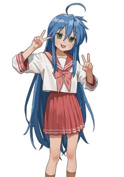 1girl :3 ahoge brown_socks commentary_request cowboy_shot double-parted_bangs double_v green_eyes h4sh1rnoto hair_between_eyes hands_up highres izumi_konata kneehighs knees legs long_hair looking_at_viewer lucky_star mole mole_under_eye neckerchief open_mouth pleated_skirt red_neckerchief red_sailor_collar red_skirt ryouou_school_uniform sailor_collar school_uniform serafuku shirt skirt socks solo striped_clothes v very_long_hair white_background white_shirt