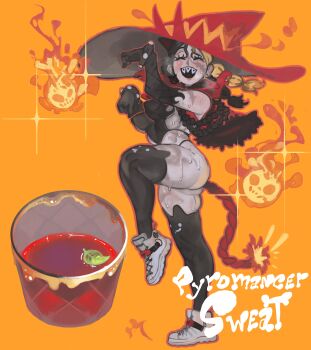 1girl ^_^ absurdres alcohol alternate_costume bikini black_bikini black_gloves black_hair blonde_hair blush bracelet braces breasts breath closed_eyes covered_erect_nipples cropped_vest cup drink drinking_glass earrings elbow_gloves english_text facial_scar facing_viewer fire fireball full_body fuse fuse_tail gloves halloween_costume hat highres jewelry keziedra leaf lit_fuse long_eyelashes medium_breasts multi-tied_hair multicolored_hair open_mouth orange_background original pale_skin paw_pose pyrokinesis red_hat red_vest rocks_glass scar scar_on_arm scar_on_cheek scar_on_face sharp_teeth shoes smile sneakers solo sparkle spiked_bracelet spikes split-color_hair standing standing_on_one_leg stud_earrings sweat swimsuit tail tapioca_(keziedra) teeth twintails two-tone_hair upper_teeth_only vest white_shoes will-o&#039;-the-wisp_(mythology) witch witch_hat