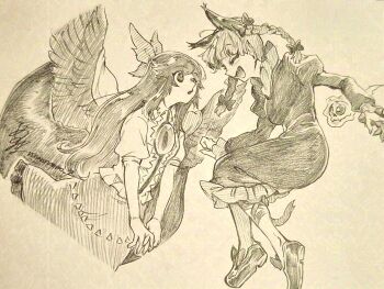 2girls animal_ears bow braid cape cat_ears cat_girl cat_tail closed_eyes commentary_request dress extra_ears greyscale hair_bow highres hitodama kaenbyou_rin long_hair long_sleeves looking_at_another medium_hair menotama monochrome multiple_girls open_mouth pointy_ears reiuji_utsuho shoes short_sleeves sidelocks sketch skirt skull tail third_eye third_eye_on_chest touhou traditional_media twin_braids wings