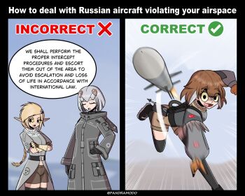 3girls black_shoes black_thighhighs blonde_hair brown_hair brown_shorts closed_eyes coat cowboy_shot english_text f-16_fighting_falcon f-35_lightning_ii gatling_gun grey_coat grey_hair headpiece highres long_sleeves mecha_musume minigun missile motion_lines multicolored_hair multiple_girls open_mouth original pandramodo personification pointy_ears ponytail saab_gripen shoes short_hair short_shorts shorts swedish_air_force thighhighs throwing turkish_flag two-tone_hair white_hair