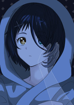 1girl absurdres blue_eyes blue_hair brown_eyes ghost_hands hair_ornament hair_over_eyes hairclip heterochromia highres hood hoodie nebulizer ooto_ai wonder_egg_priority