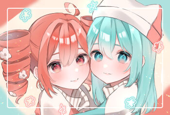 2girls ahoge aqua_eyes aqua_hair blush closed_mouth commentary_request drill_hair flower hair_between_eyes hair_flower hair_ornament hat hatsune_miku highres jacket kasane_teto long_hair looking_at_viewer mokoinu_(pixiv_27216243) multiple_girls pentagram pppp_(vocaloid) red_eyes red_hair smile twin_drills twintails vocaloid white_jacket
