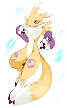 1girl animal_ears black_sclera blue_eyes colored_sclera commentary_request detached_sleeves digimon digimon_(creature) digimon_tamers fox_ears fox_girl fox_tail full_body furry furry_female kameiji_kameta looking_at_viewer purple_sleeves renamon simple_background solo tail white_background yin_yang yin_yang_print