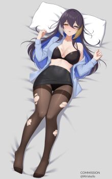 Rule 34 | absurdres, alina svard kovalenko (laotianaviator), breasts, heterochromia, highres, large breasts, long hair, lying, on back, open clothes, open shirt, panties, pantyhose, pencil skirt, scar, scar on face, skirt, torn clothes, torn pantyhose, underwear, wriskelis