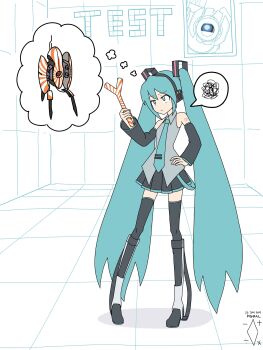 1girl :/ absurdres aqua_eyes aqua_hair aqua_necktie artist_logo artist_name black_boots black_skirt black_sleeves blue_hair boots collared_shirt commentary dated detached_sleeves digiral english_commentary food full_body grey_shirt hair_ornament hand_on_own_hip hand_up hatsune_miku headphones highres holding holding_food logo long_fall_boots long_hair long_sleeves looking_at_another looking_at_object miniskirt necktie number_tattoo official_alternate_color pleated_skirt portal portal_(series) portal_2 screen sentry_turret_(portal) shirt sidelocks skirt sleeveless sleeveless_shirt solo speech_bubble spoilers spoken_squiggle spring_onion squiggle tattoo thigh_boots thighhighs thinking thought_bubble twintails very_long_hair vocaloid wheatley wide_sleeves zettai_ryouiki