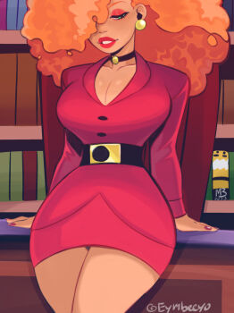 1girl afro belt belt_buckle big_hair black_belt black_choker book bookshelf breasts buckle chair choker cleavage cowboy_shot curvy dark-skinned_female dark_skin desk earrings eyeshadow eymbee fingernails formal_clothes gold_earrings green_eyes hair_over_one_eye half-closed_eyes hands_on_table highres jacket jewelry kinky_hair large_breasts leaning_on_table light_smile lipstick long_sleeves makeup nail_polish office_lady orange_hair parted_lips pencil_skirt powerpuff_girls red_eyeshadow red_jacket red_lips red_nails red_skirt sara_bellum secretary skirt skirt_suit solo sphere_earrings suit thick_lips thick_thighs thighs wide_hips