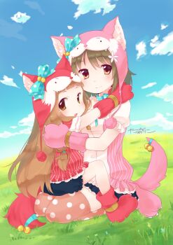Rule 34 | 2girls, animal hands, animal hat, bell, black skirt, blush, brown eyes, brown hair, cat hat, closed mouth, cloud, gloves, grass, hat, ichihara nina, idolmaster, idolmaster cinderella girls, mimura kanako, multiple girls, open mouth, outdoors, paw gloves, paw shoes, polka dot, polka dot thighhighs, skirt, tail, tail bell, tail ornament, tarabagani, thighhighs