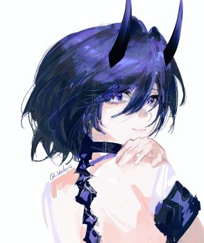 1girl acheron_(honkai:_star_rail) alternate_hair_length alternate_hairstyle back bare_shoulders choker diamond-shaped_pupils diamond_(shape) from_behind honkai:_star_rail honkai_(series) horns light_smile looking_at_viewer purple_eyes purple_hair short_hair symbol-shaped_pupils twitter_username vodarii white_background