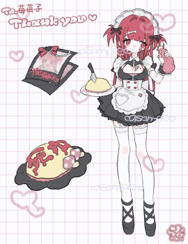 1girl am314 apron black_bow black_dress black_shoes bone_hair_ornament bottle bow bra breasts cleavage_cutout clothing_cutout commentary_request commission dress food food_on_body food_on_breasts food_on_face frown full_body grid_background hair_bow hair_ornament heart highres holding holding_bottle holding_plate ketchup_bottle knife large_breasts looking_to_the_side maid_headdress mushroom omelet omurice original photo_(object) plate puffy_short_sleeves puffy_sleeves red_bra red_eyes sample_watermark shoes short_sleeves simple_background skeb_commission solo thighhighs two_side_up underwear watermark white_apron white_background white_thighhighs